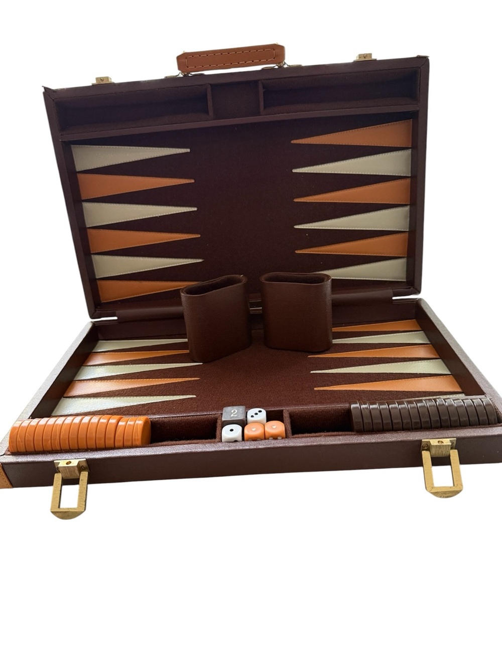 Vintage Backgammon Game Brown Leather Case Complete Original Instructions Great